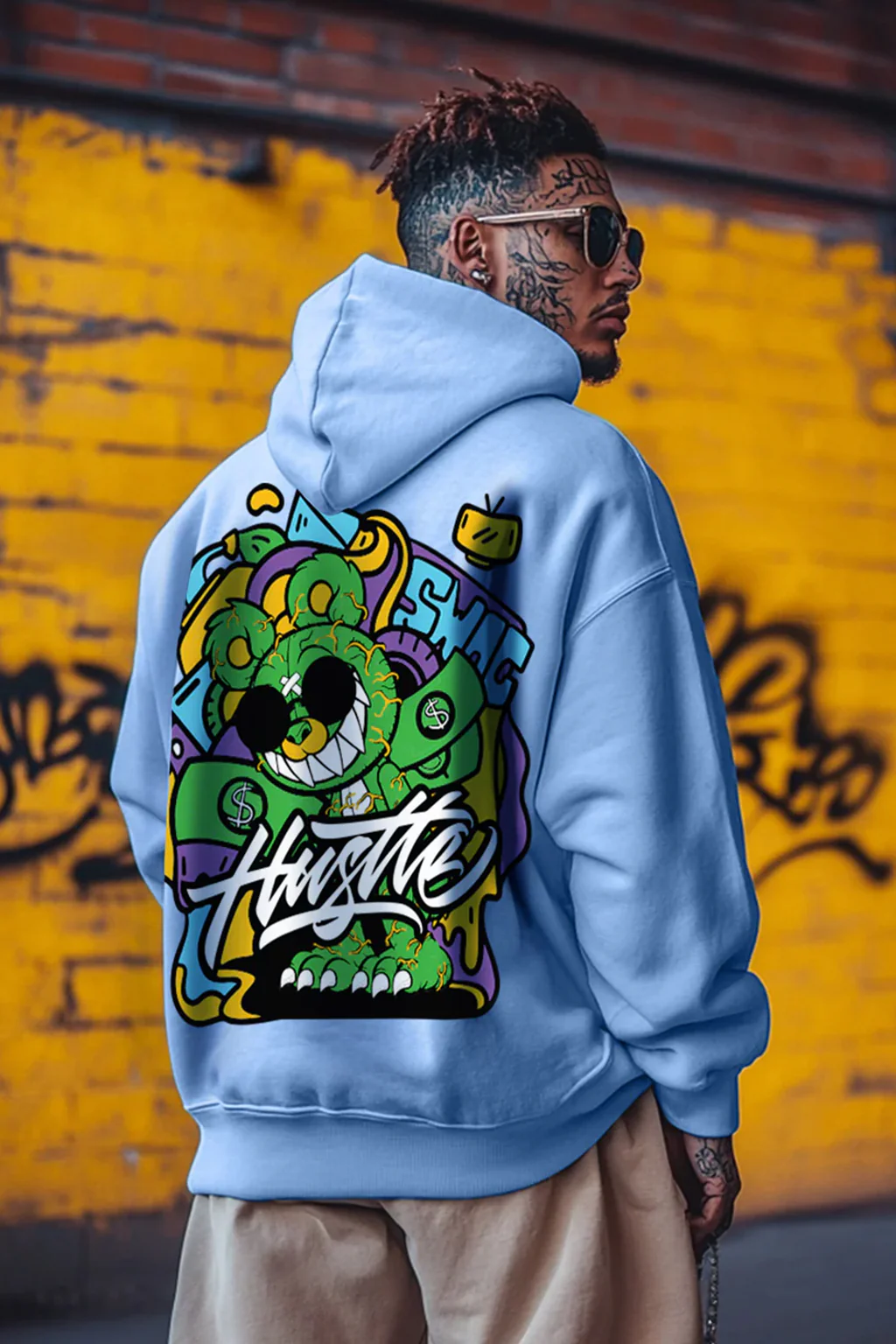 Men's "Hustle" Graphic Light Blue Oversized Hoodie