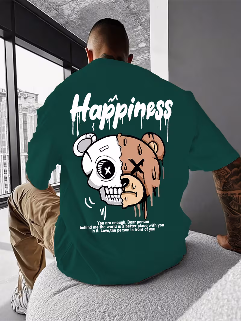 Men's "Happiness" Split Bear Skull Dark Green Oversized Tee