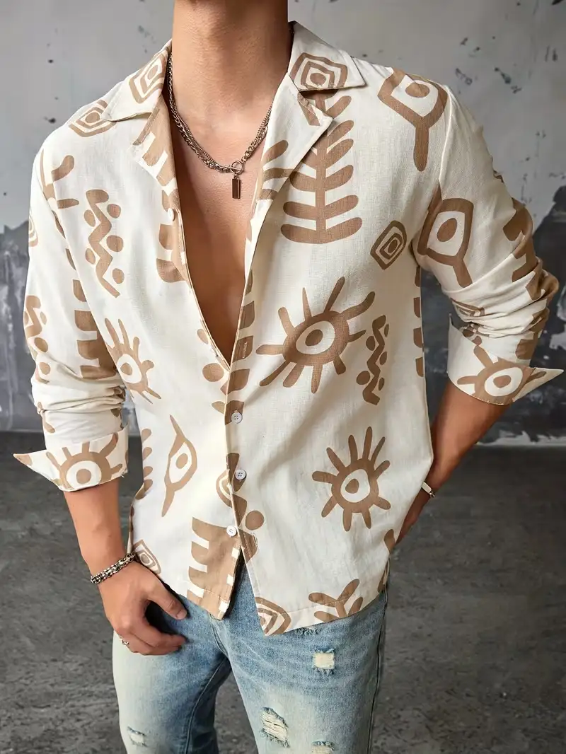 Men's Tribal Symbol Print Casual Linen-Blend Shirt