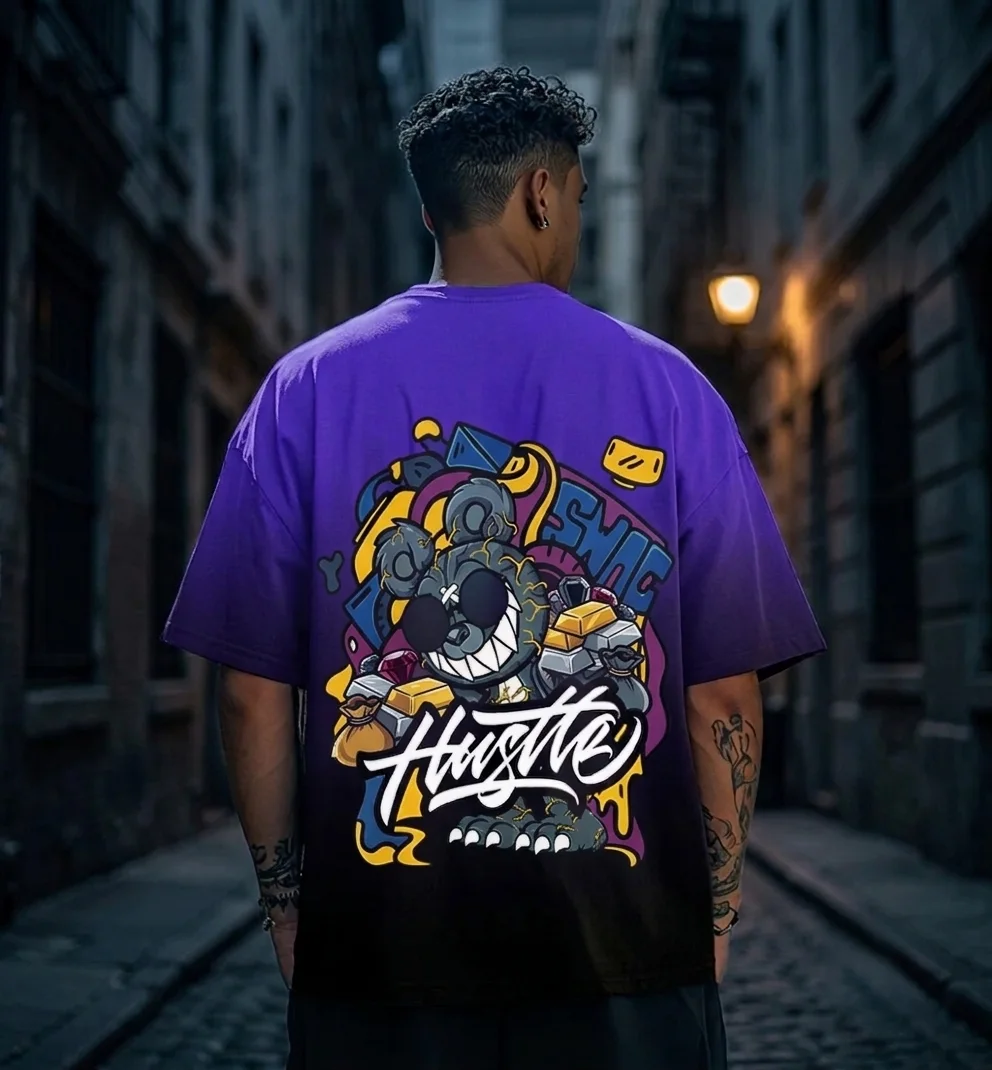 HUSTLE Blue Oversized Graphic Back Printed T-shirt